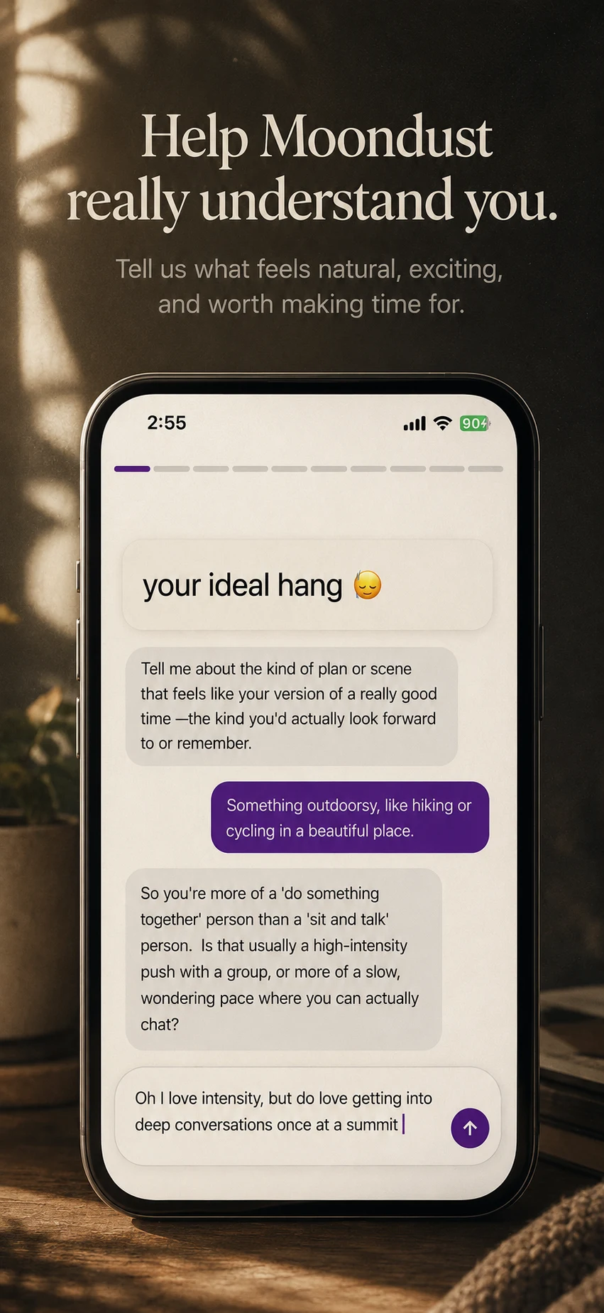 Help Moondust really understand you: a conversation exploring your ideal hangout.